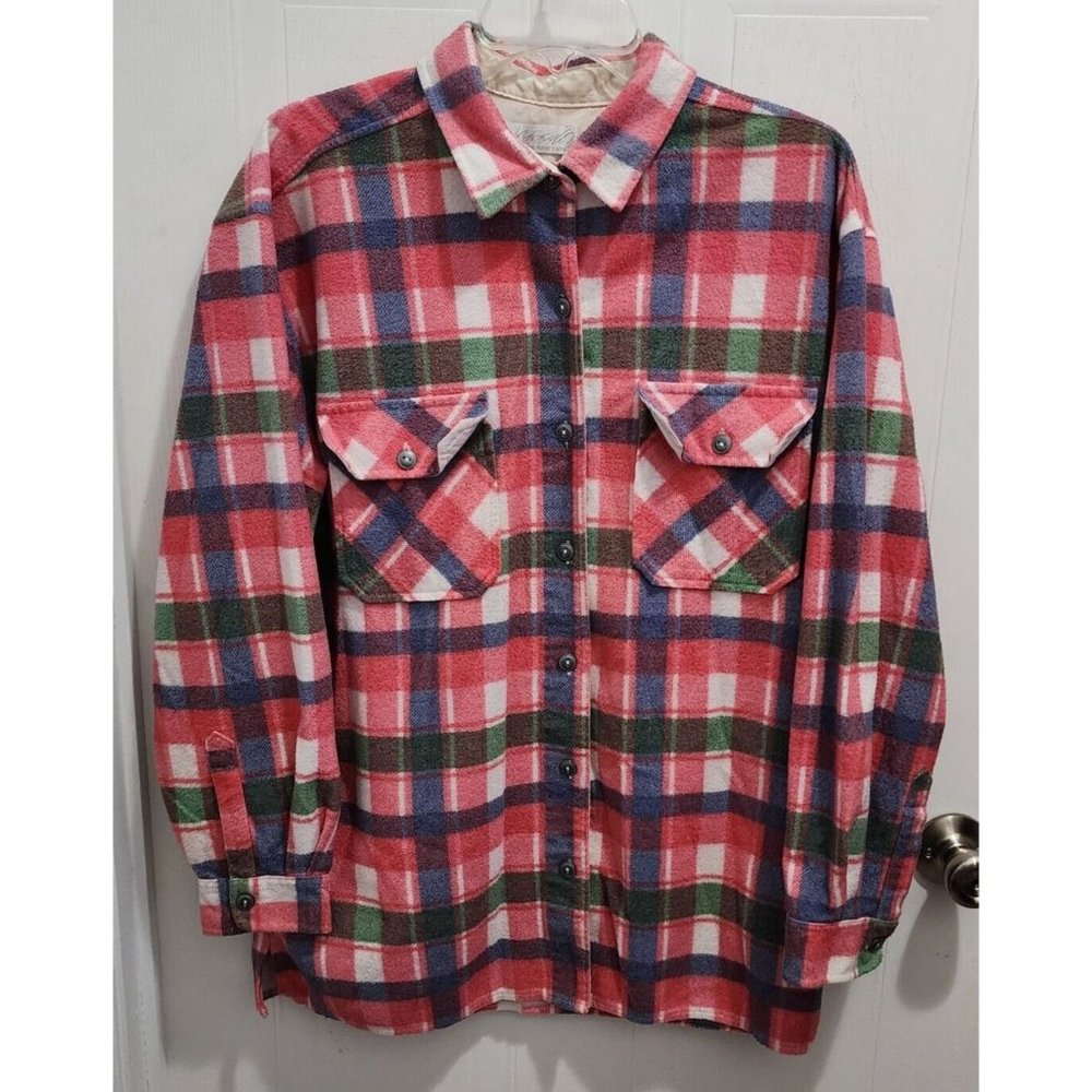 Vtg Lord & Taylor Young Americans Womens Button Up Top Plaid Flannel Fleece Pink